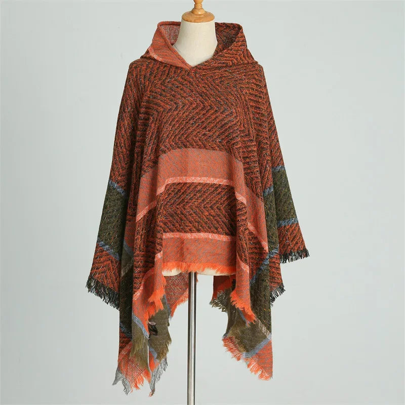 Hooded Stripe Fringe Poncho for Layering over Outfits