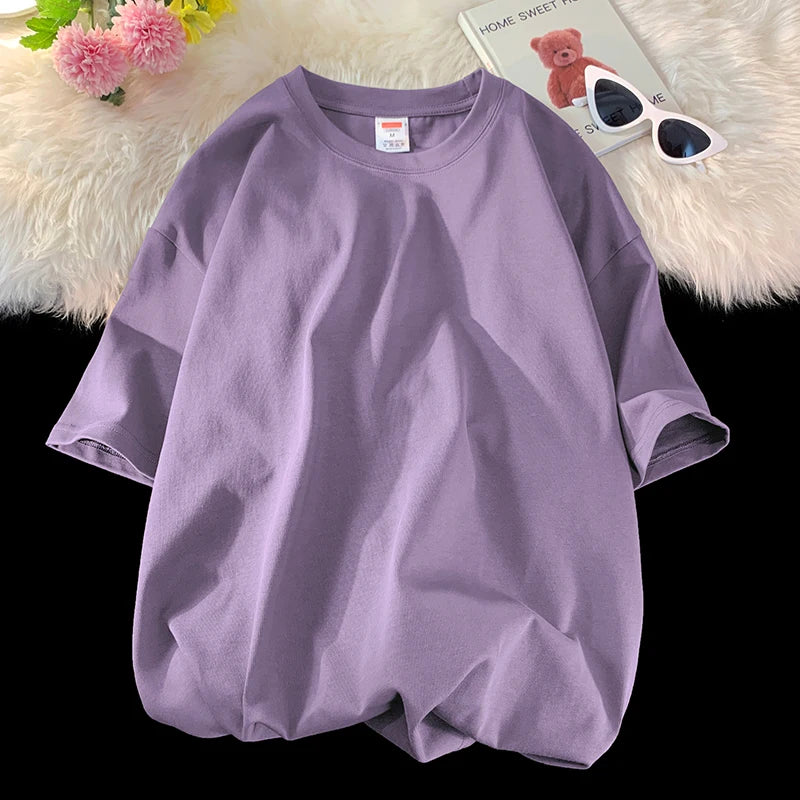 Solid Crew Neck Short Sleeve Loose Casual T Shirt