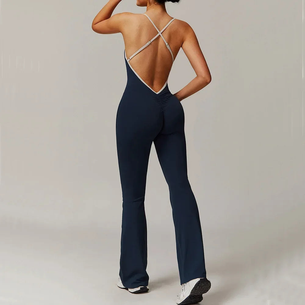 Women's Cross Back Polyester Blend Flared Workout Jumpsuit with Contrast Straps