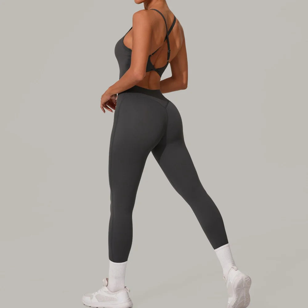 Women's Thin Strap Workout Jumpsuit with Crisscross Back and Fitted Legs