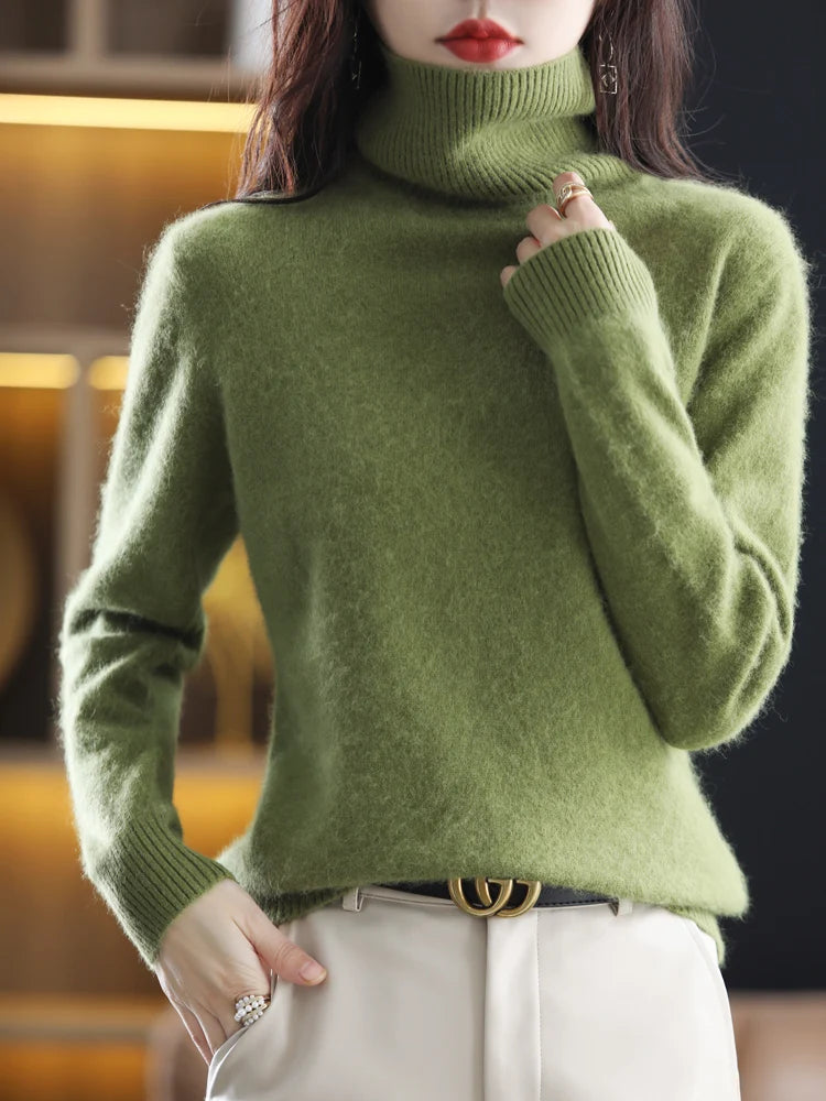 Women's Plain Roll Neck Long Sleeve Sweater Casual Knit Layer