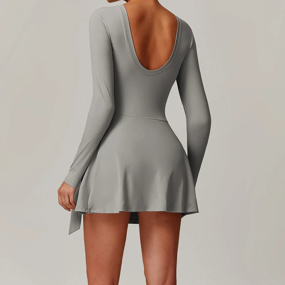 Women's Long Sleeve Nylon Blend Athletic Dress with Side Tie Skirt