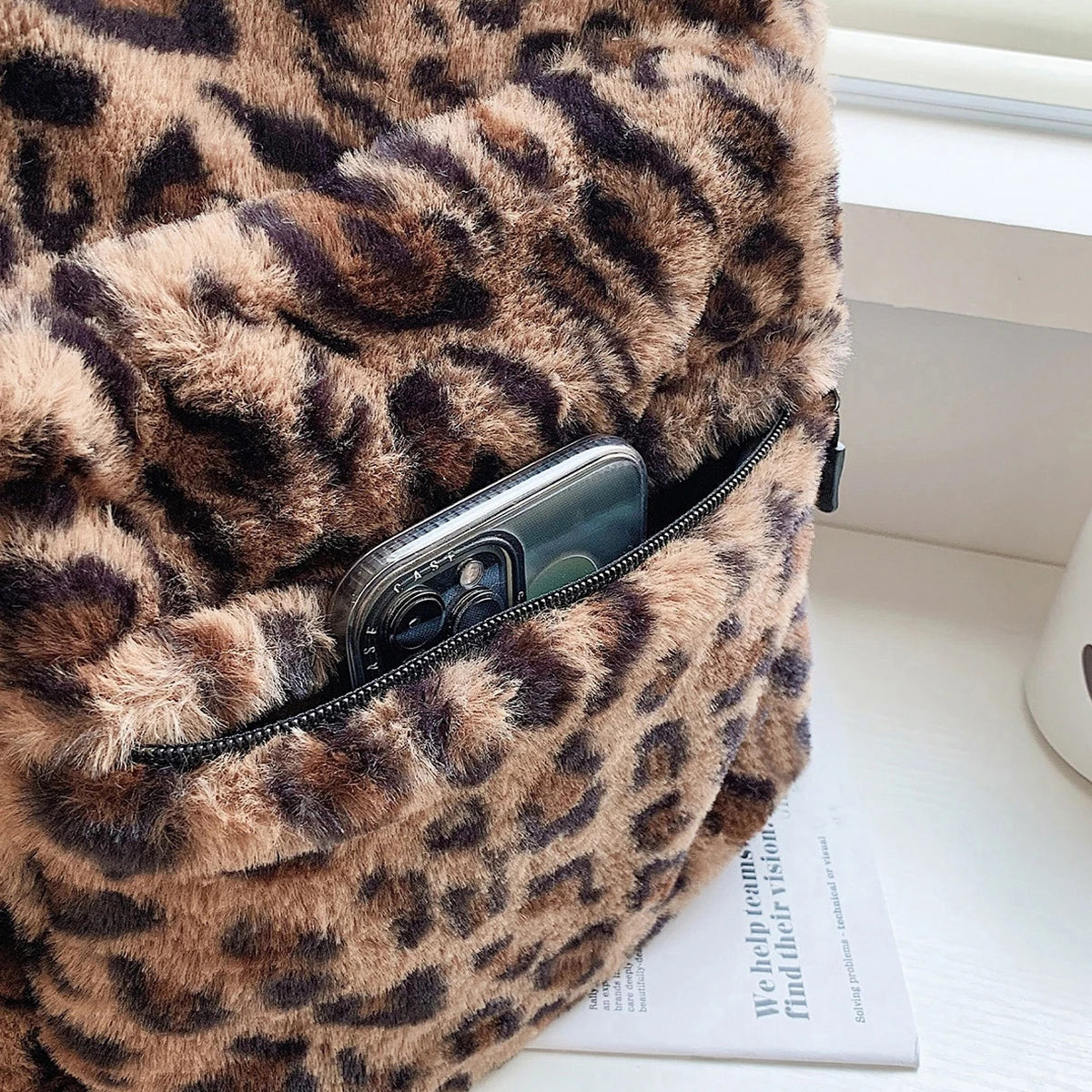 Women's Leopard Print Plush Backpack with Front Pocket and Adjustable Straps