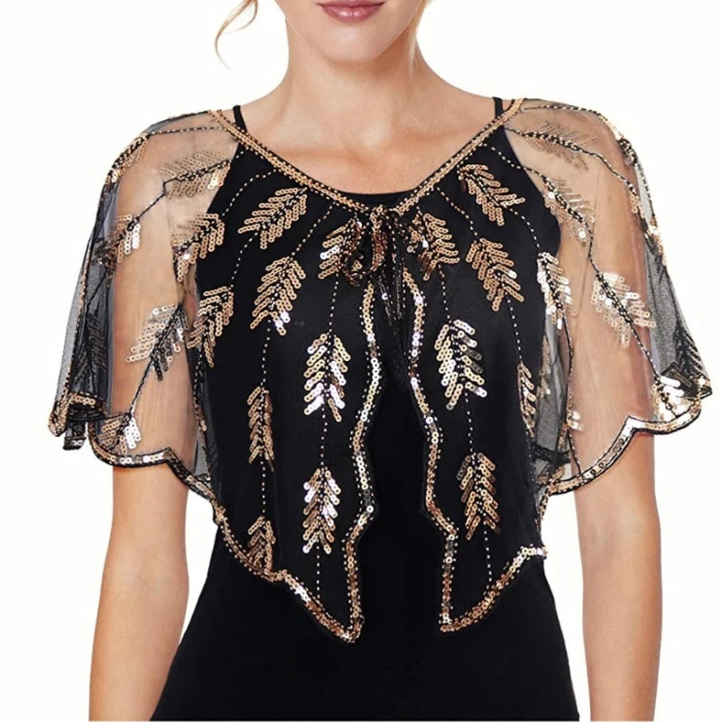 Leaf Pattern Sequin Capelet for Layering over Dresses and Tops