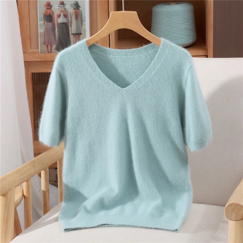 Women's V Neck Short Sleeve Sweater Casual Knit Layer