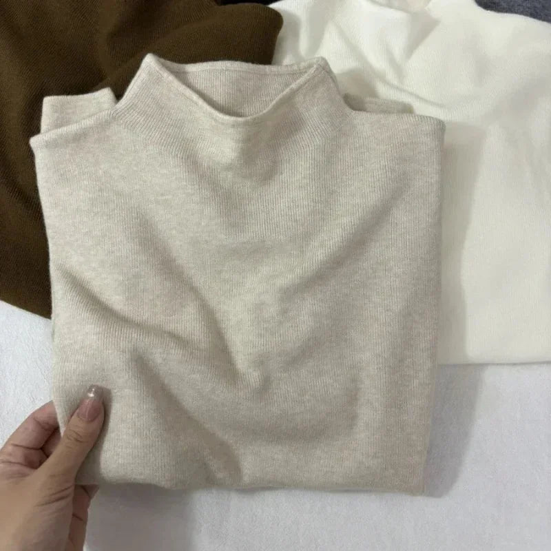 Women's Plain Mock Neck Knit Sweater Casual Knit Layer
