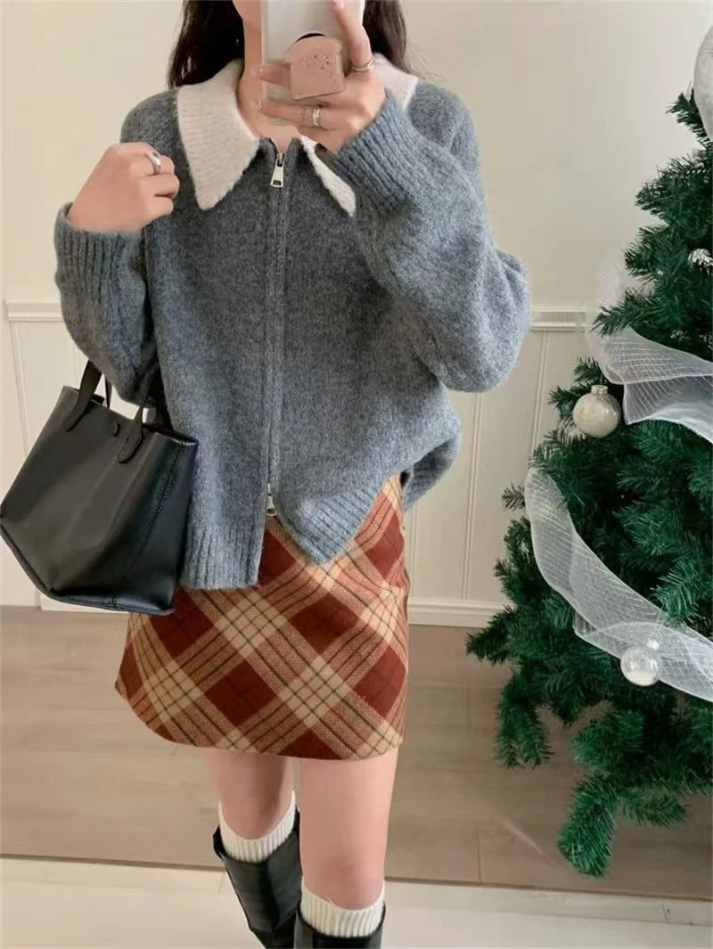 Color-blocked lapel 100% cashmere cardigan women's knitted sweater Loose sweater Wool sweater coat