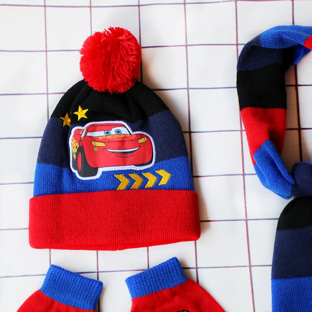 Children's Cars Cartoon Hat Scarf and Gloves Set for Winter Wear