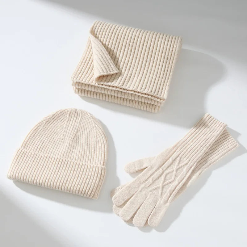 Ribbed Knitted Beanie Hat Scarf and Gloves Set for Winter Wear