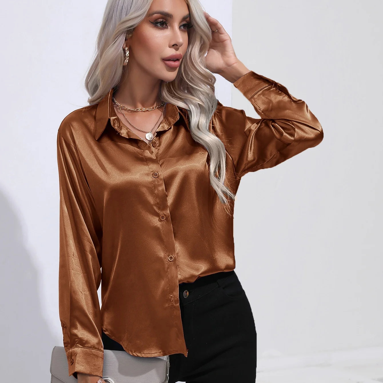 Women's Button Front Satin Look Shirt