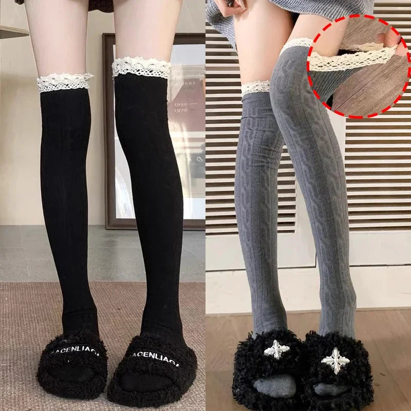 Lace Cuff Thigh High Socks with Solid Knit Body