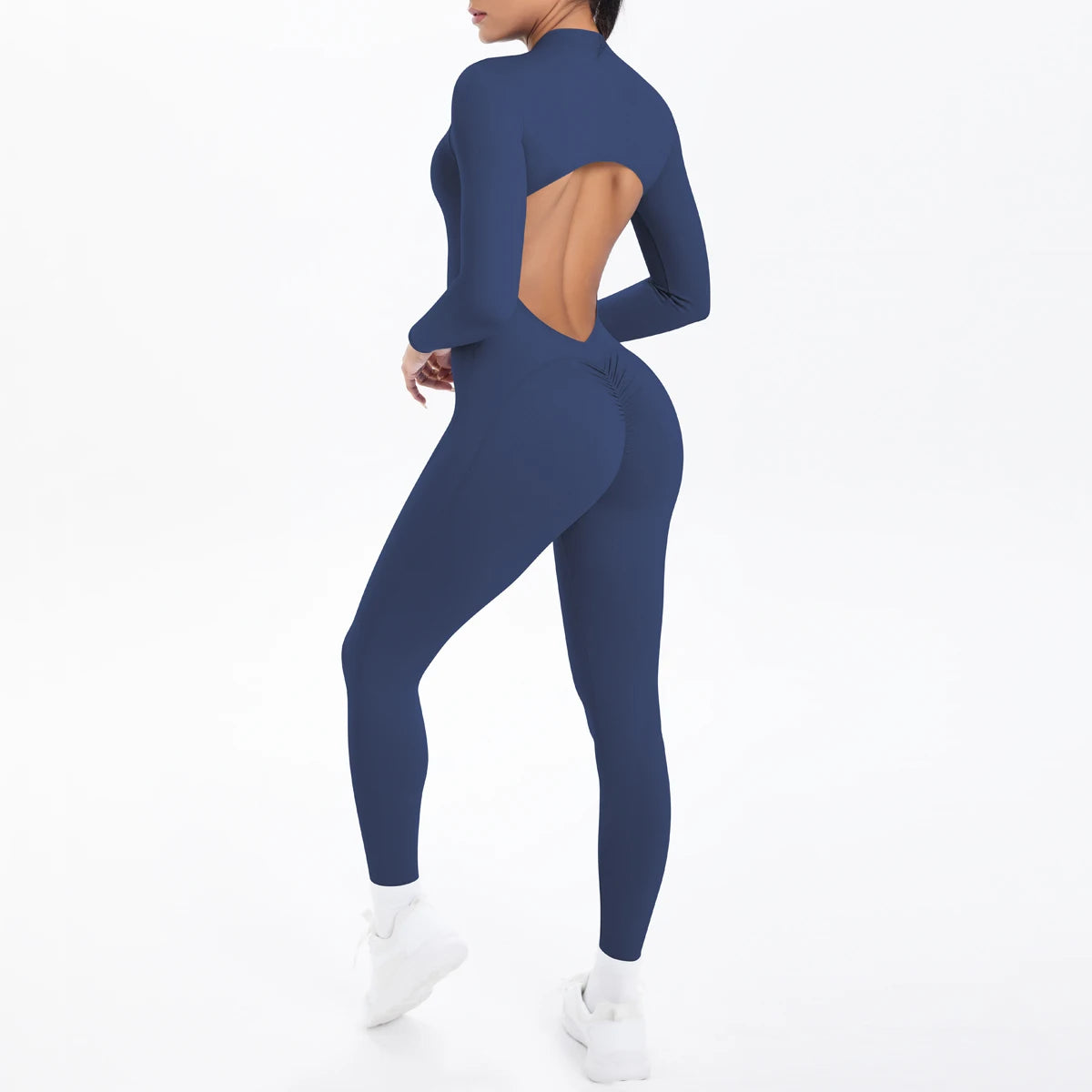 Women's Open Back Nylon Blend Workout Jumpsuit with Zipper and Sleeve Options