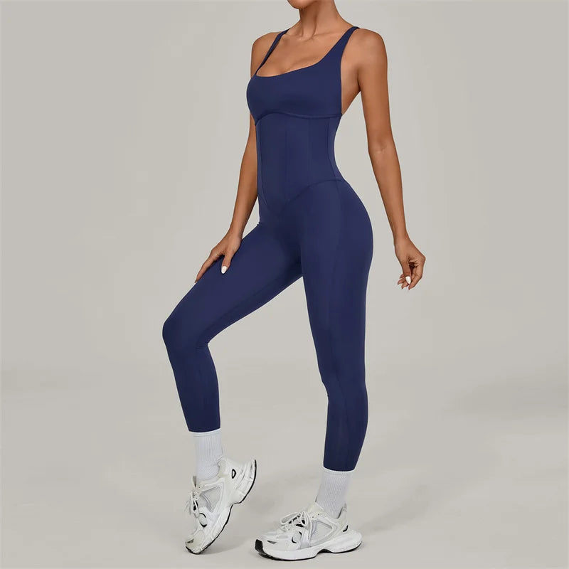 Women's Thin Strap Nylon Blend Workout Jumpsuit with Crisscross Back