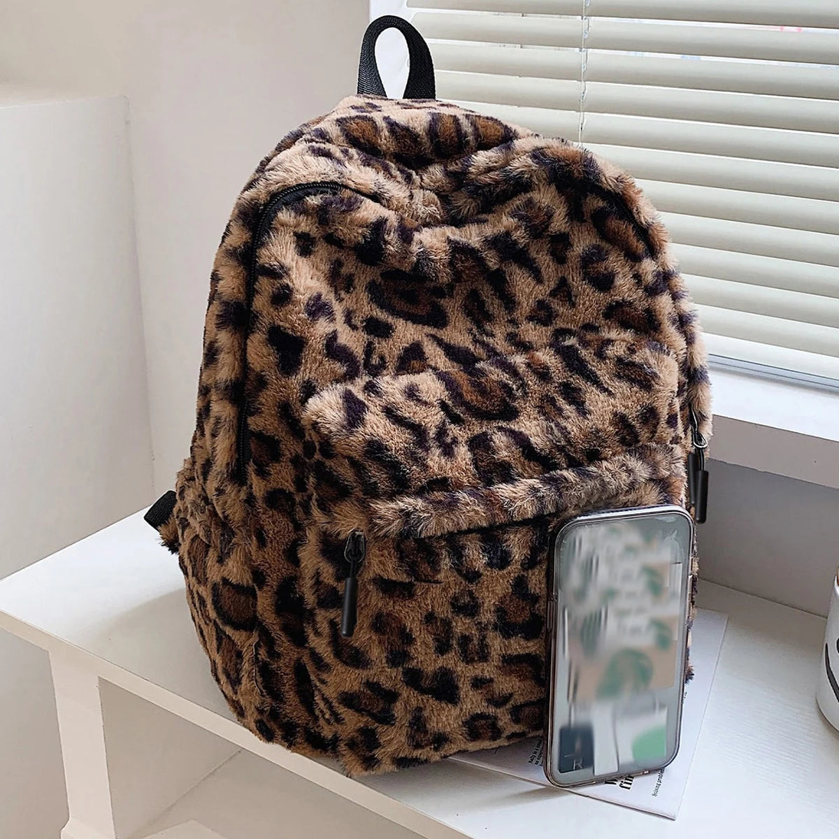 Women's Plush Leopard Print Backpack with Zipper and Adjustable Shoulder Straps