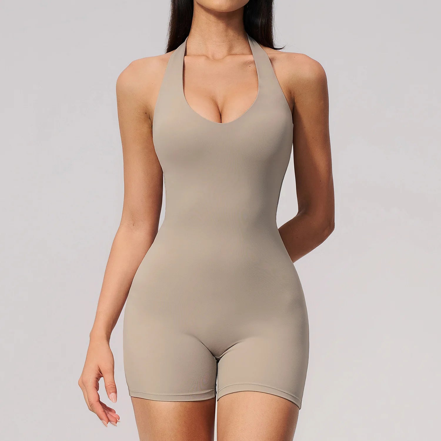 Women's Halter Neck Workout Romper with Open Back and Fitted Short Legs