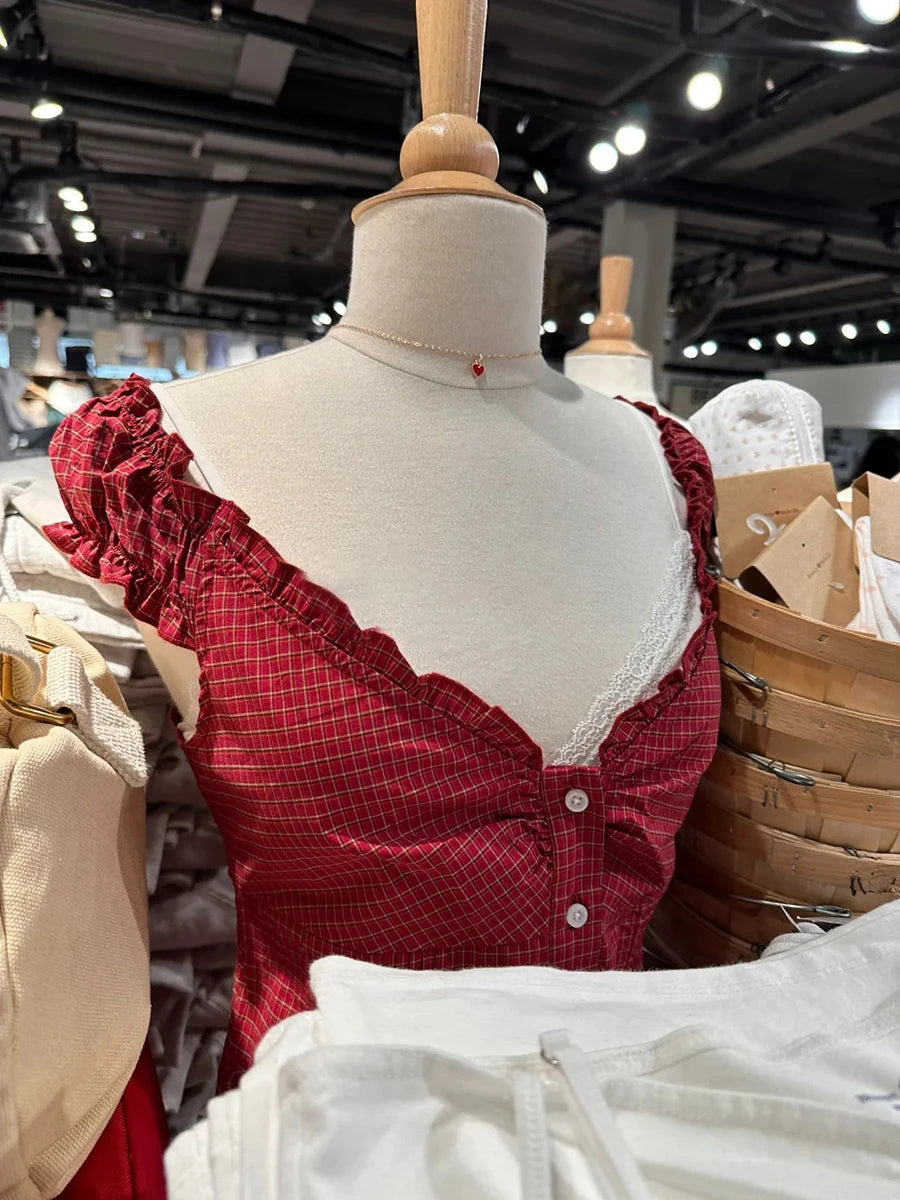 Women's Ruffled Cotton Sleeveless Blouse with Button Front and Mixed Pattern Options