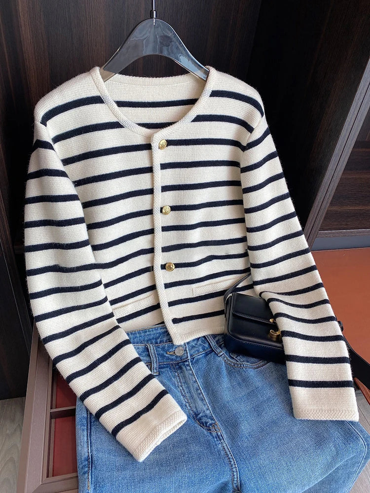 Women's Striped Crew Neck Button Front Cardigan Casual Knit Layer