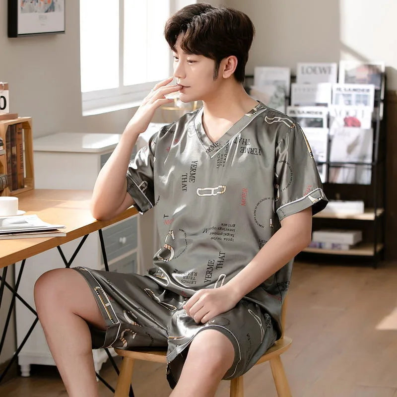 Men's Printed Short Sleeve Button Front Shirt and Shorts Pajama Set