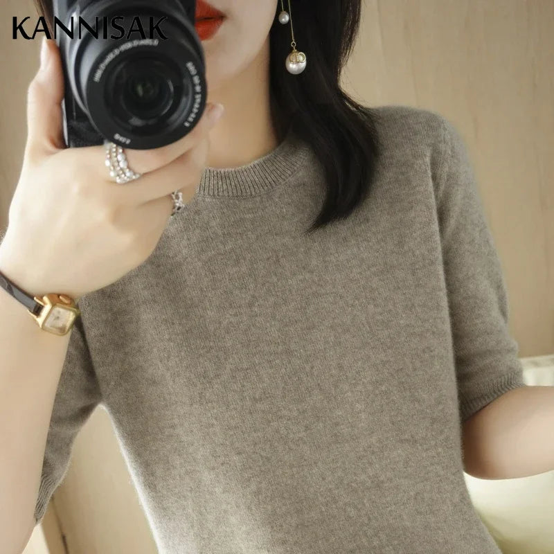 Women's Crew Neck Short Sleeve Sweater Casual Knit Layer