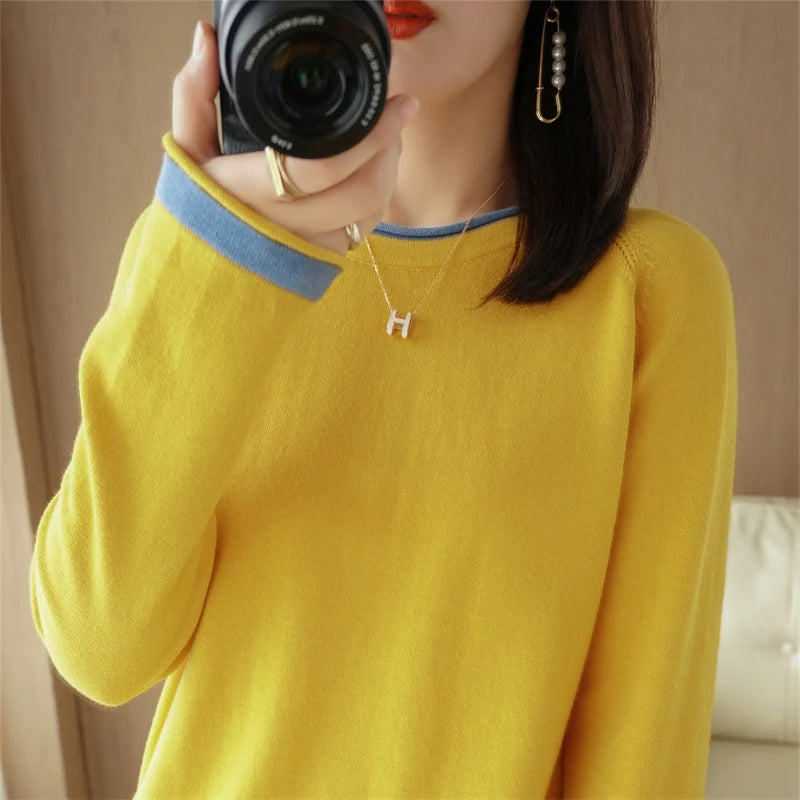 Women's Crew Neck Contrast Stripe Trim Sweater Casual Knit Layer