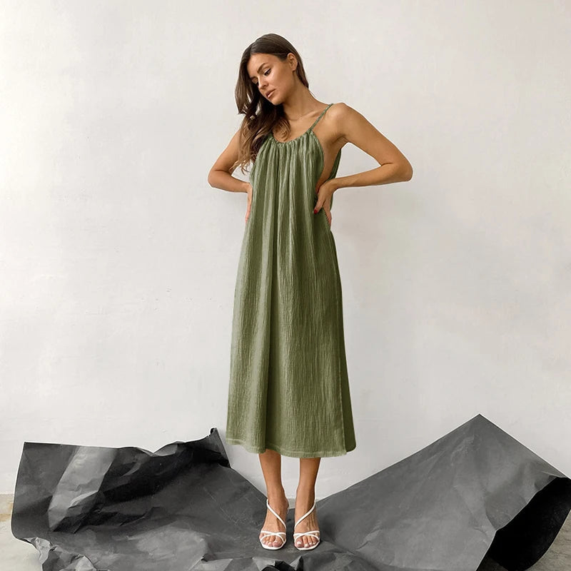 Women's Cotton Sleeveless Loose A-Line Midi Dress with Straps and Tie Detail