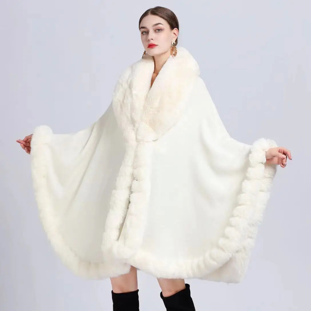 Plush Trim Hooded Poncho for Layering over Outfits