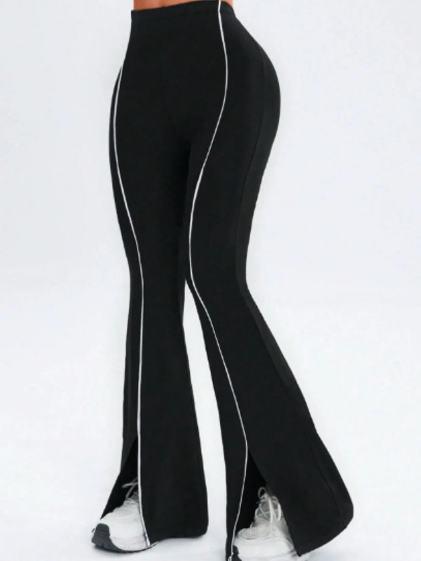 Women's High Waist Polyester Blend Flared Workout Pants with Contrast Piping