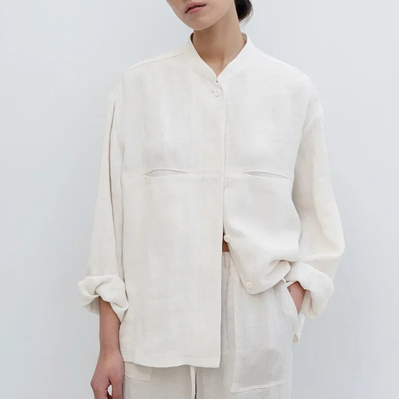 Women's Linen Long-Sleeve Stand-Collar Button-Up Shirt with Regular Fit for Casual Outfits