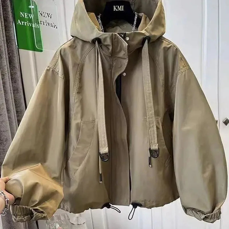 Women's Cotton-Polyester Hooded Zip-Front Long-Sleeve Jacket for Casual Spring Autumn Layered Outfits
