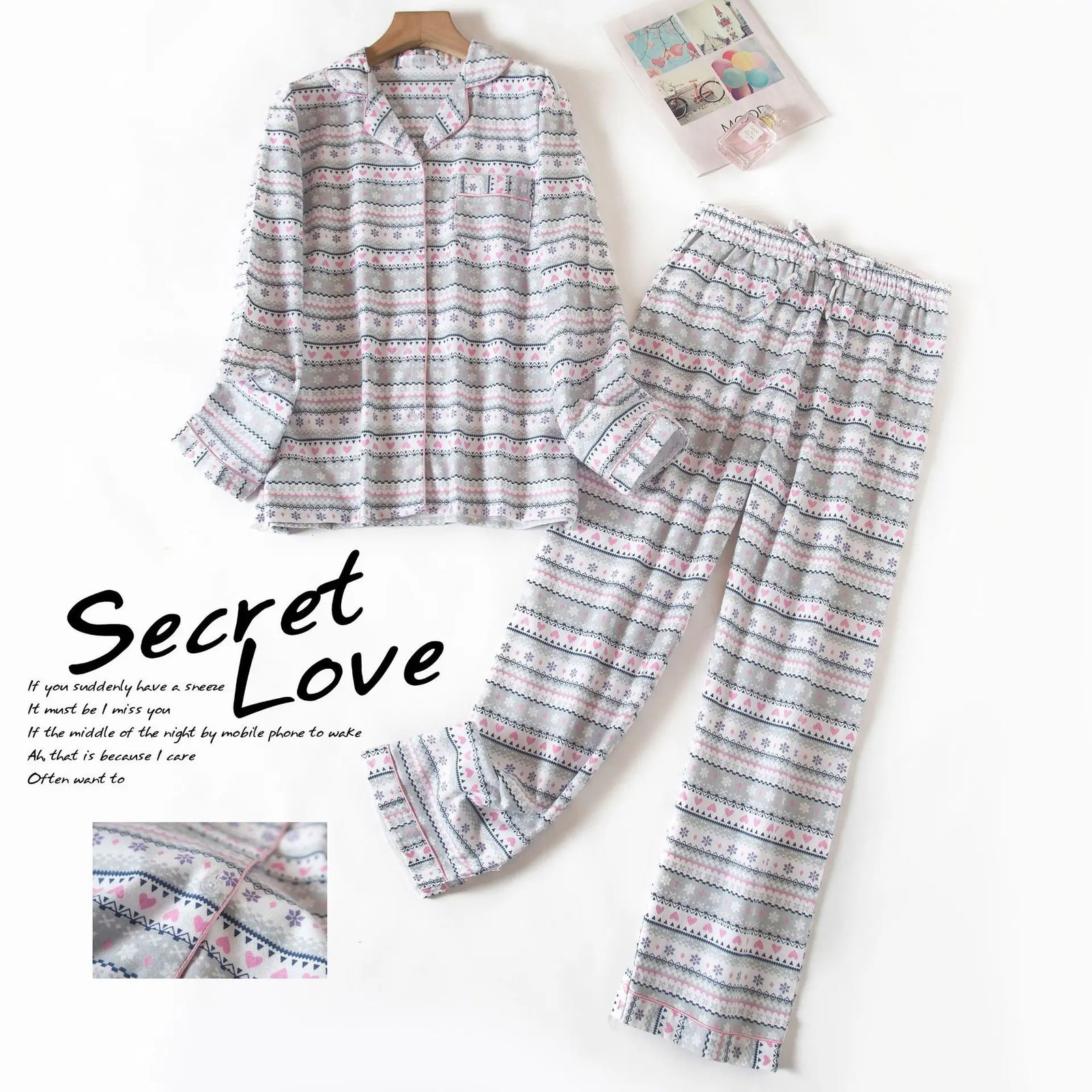 Women's Printed Button Front Long Sleeve Pajama Set with Top and Pants