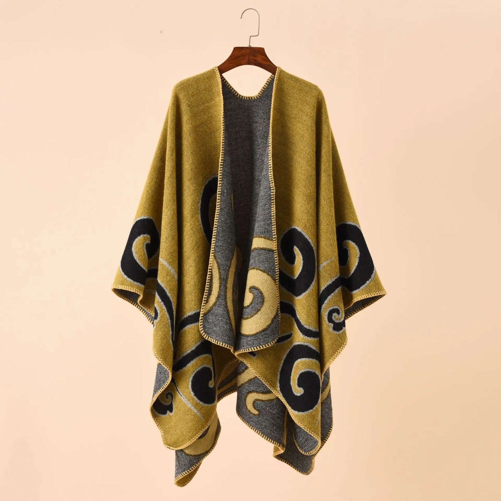 Swirl Pattern Pointed Hem Poncho for Layering over Outfits