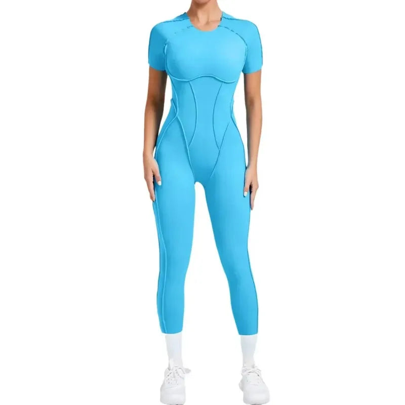 Women's Short Sleeve Nylon Blend Workout Jumpsuit with Open Back