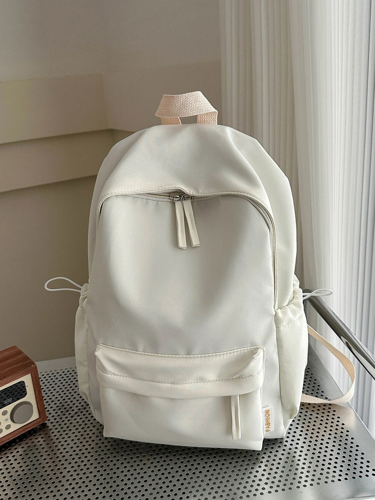 Solid Colour Student Backpack with Front Zipper Pocket and Top Handle