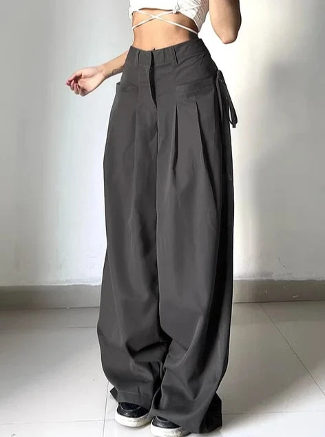 Women's Black Wide Leg Pants with Pleats and Side Waist Ties