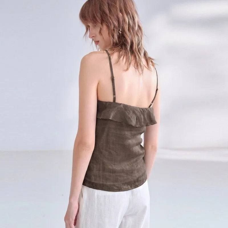 Women's Ramie Sleeveless Camisole Top with Asymmetric Hem and Decorative Front Buttons