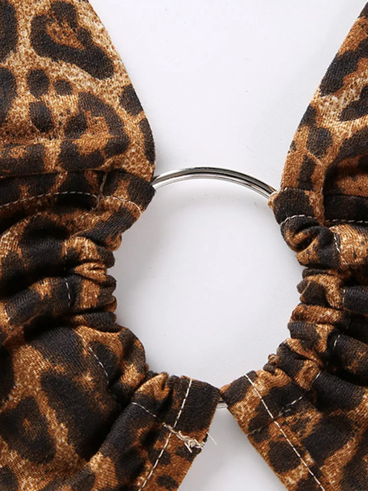 Women's Leopard Print Halter Crop Top with Ties and Ring Detail