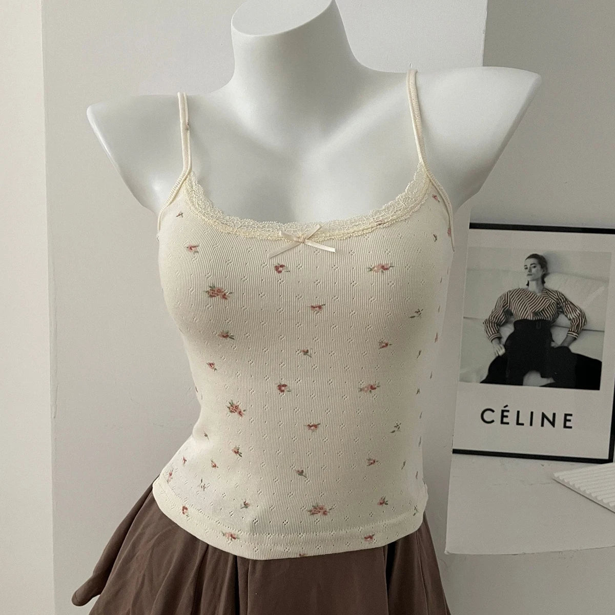 Women's Lace Trim Cotton Camisole with Bow Detail and Multiple Pattern Options
