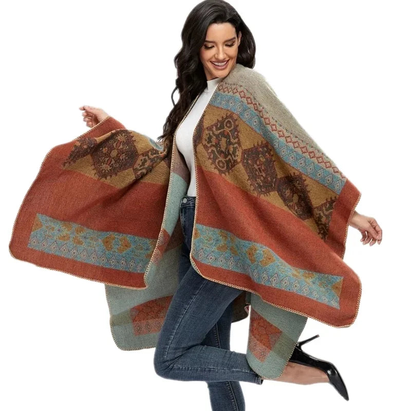 Patterned Fringed Open Front Poncho for Layering over Outfits