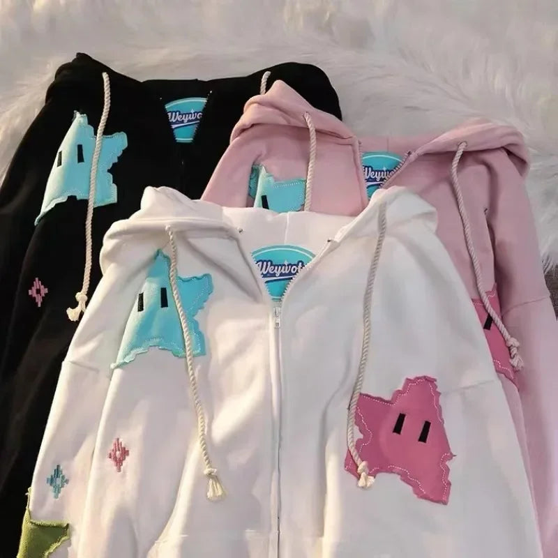 Star Graphic Long Sleeve Full Zip Casual Hoodie