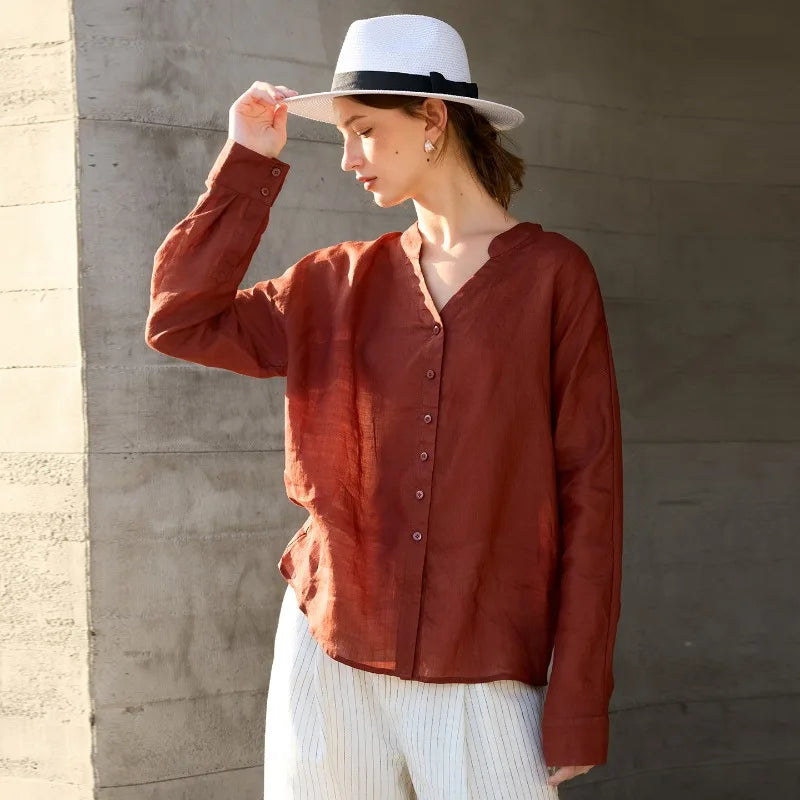 Women's Ramie Long-Sleeve V-Neck Button-Up Shirt with Loose Fit for Casual Outfits