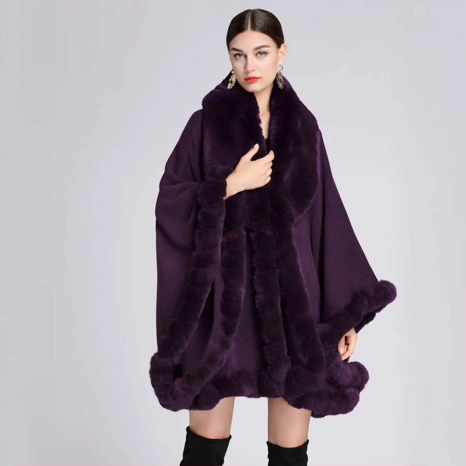 Plush Trim Open Front Cape for Layering over Outfits