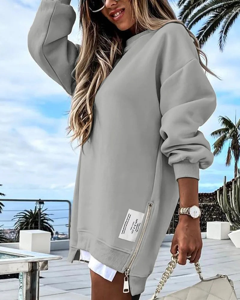 Long Crew Neck Sweatshirt with Side Zip and Layered Hem