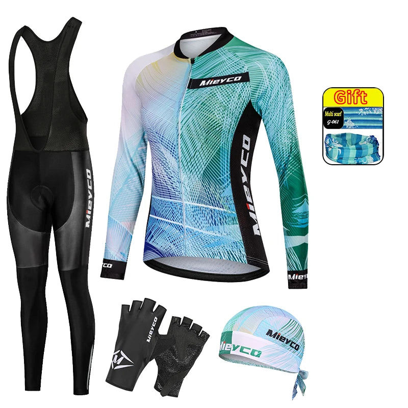 Women Long Sleeve Cycling Jersey Set MTB Bike Pants Kit Breathable Sportswear