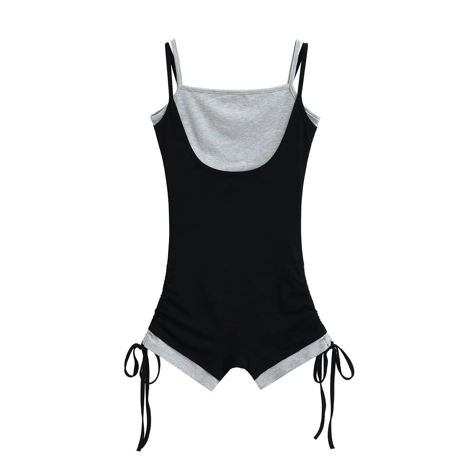 Women's Two Tone Polyester Workout Romper with Side Tie Details