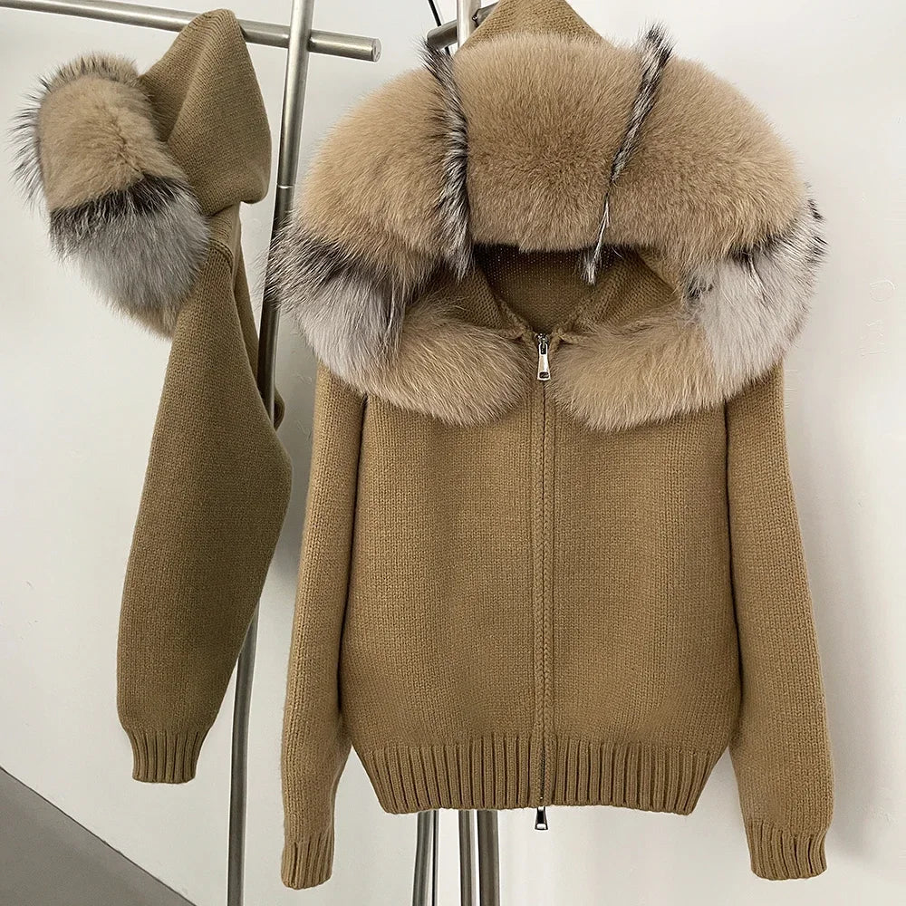 Women's Hooded Zip Front Fluffy Trim Jacket Casual Knit Layer