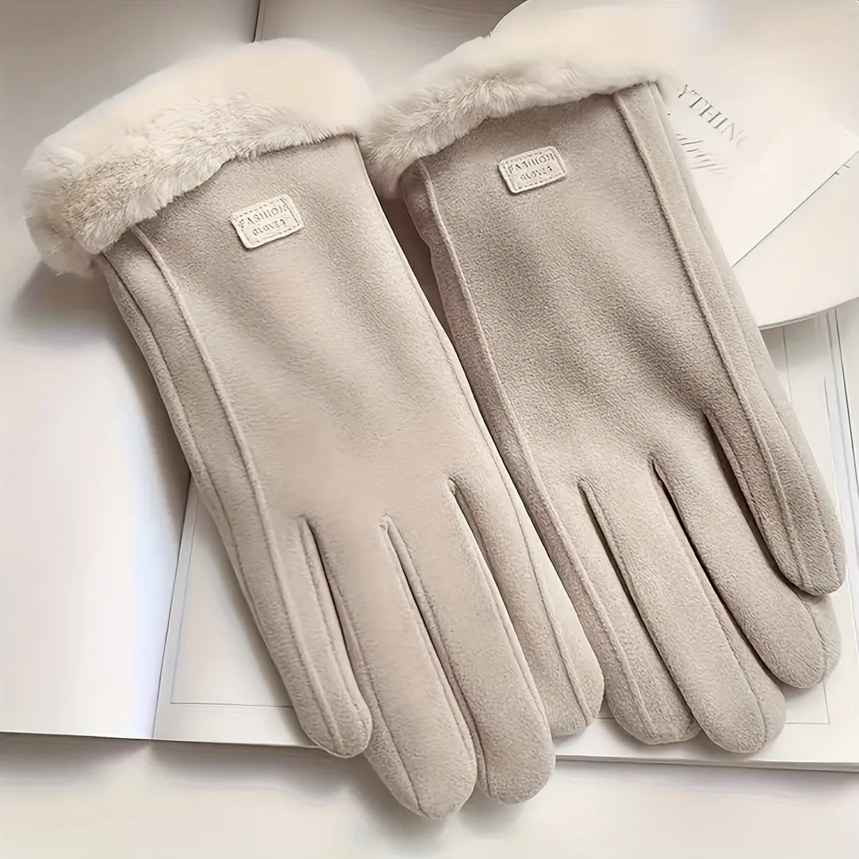 Beige Full Finger Gloves with Textured Outer Panels