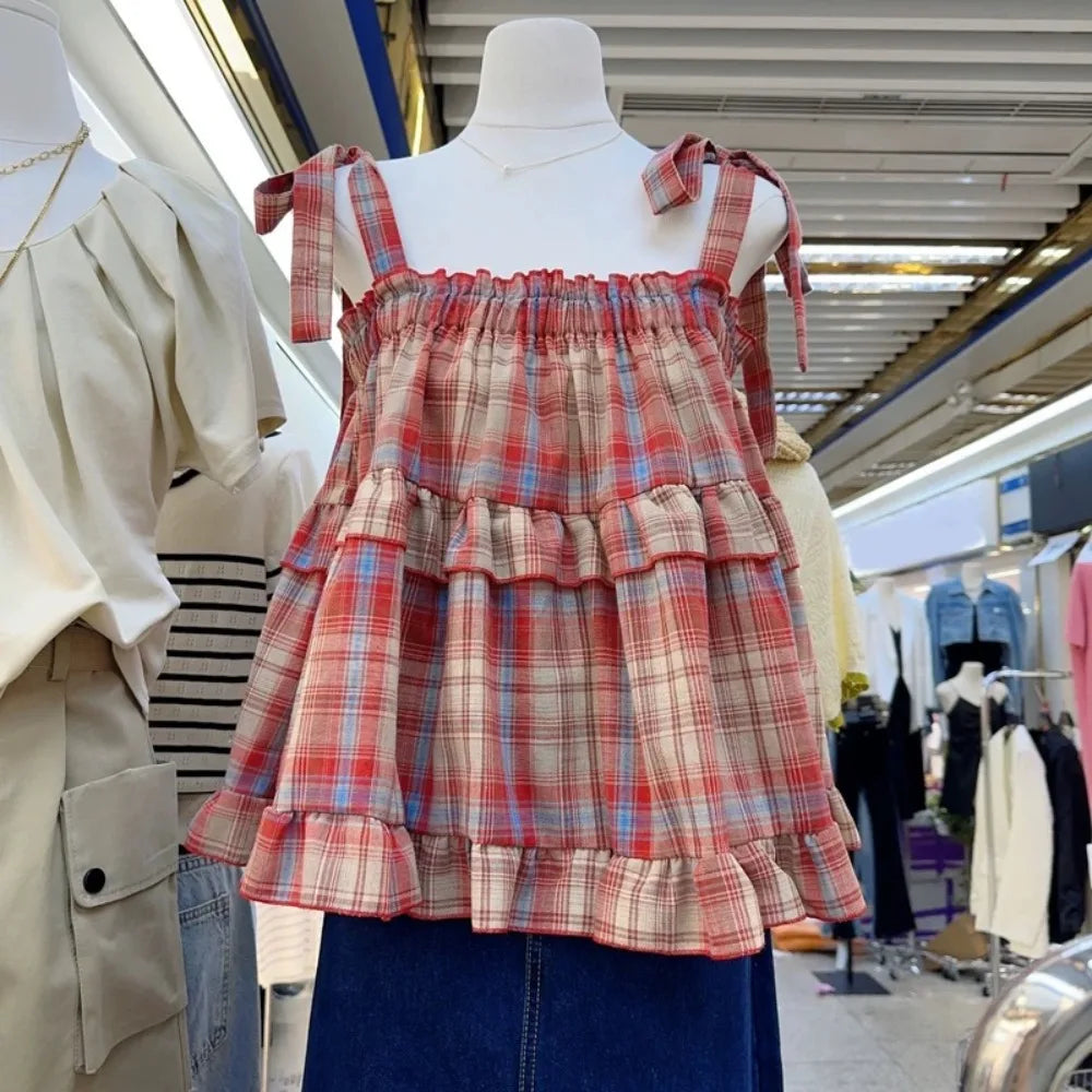 Women's Plaid Cotton Blend Babydoll Camisole with Tie Straps and Tiered Ruffles