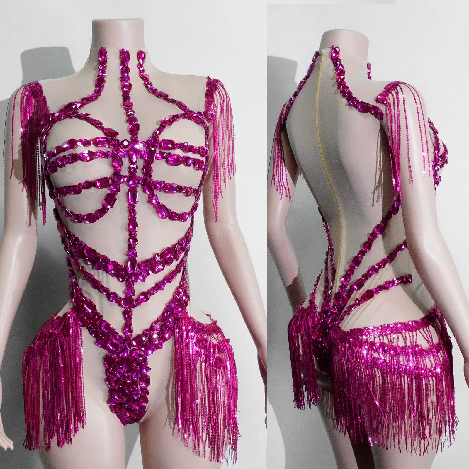 Women's Rhinestone Fringe Mesh Dance Bodysuit for Stage Costume Outfits