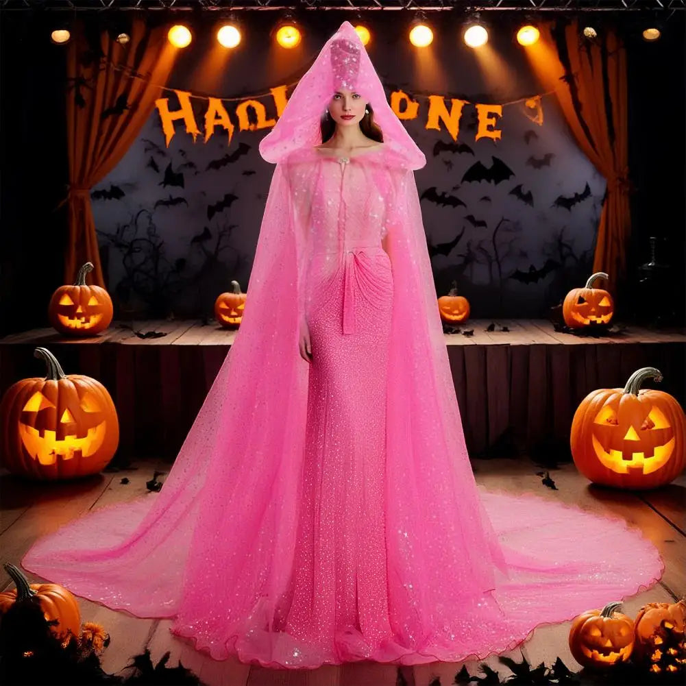 Sheer Hooded Long Train Cape for Layering over Outfits