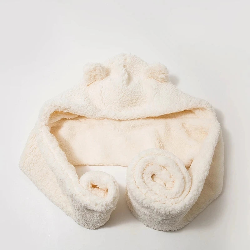 Women's Bear Plush Integrated Hat Scarf and Gloves Set for Winter